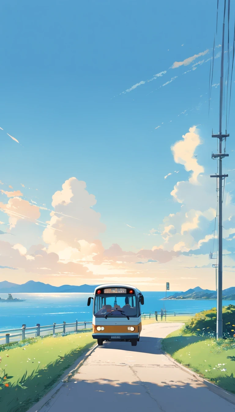 (Minimalismo: 1.4), Minibus on the road, sea view, German van, Ghibli studio art, Miyazaki, grassland with blue sky and white clouds, Matsu girl at the bus stop