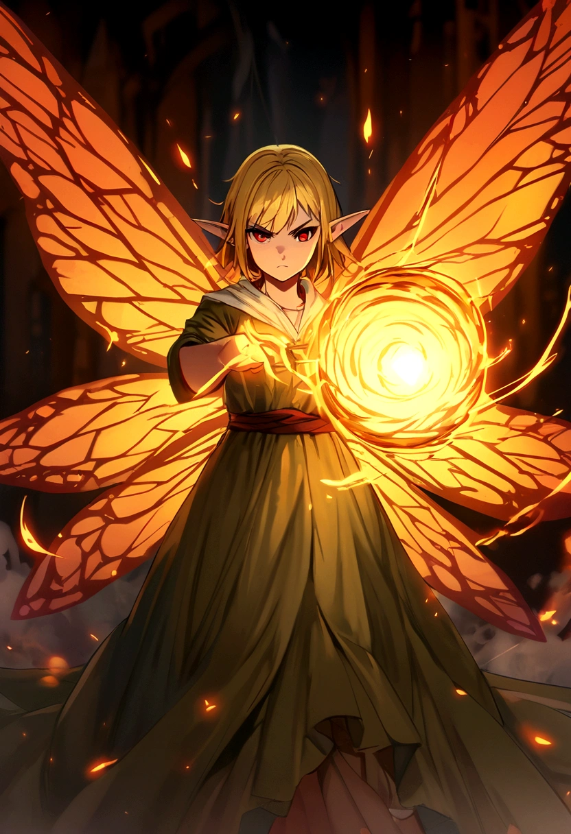 Fairy girl with wings and a book in hand, Classic Long Dress, Fairy Wings, Red eyes and Blonde Hair, Golden Hair, Serious face, Magic, arcane powers, RPG Character, pointy ears, look serious, casting a spell, casting a fire spell, fire, 4k, full hd