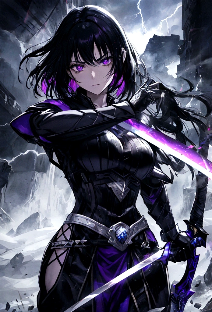 a woman with black hair and white streaks with sad face holding a large purple sword, detailed eyes, detailed sword, cinematic lightning