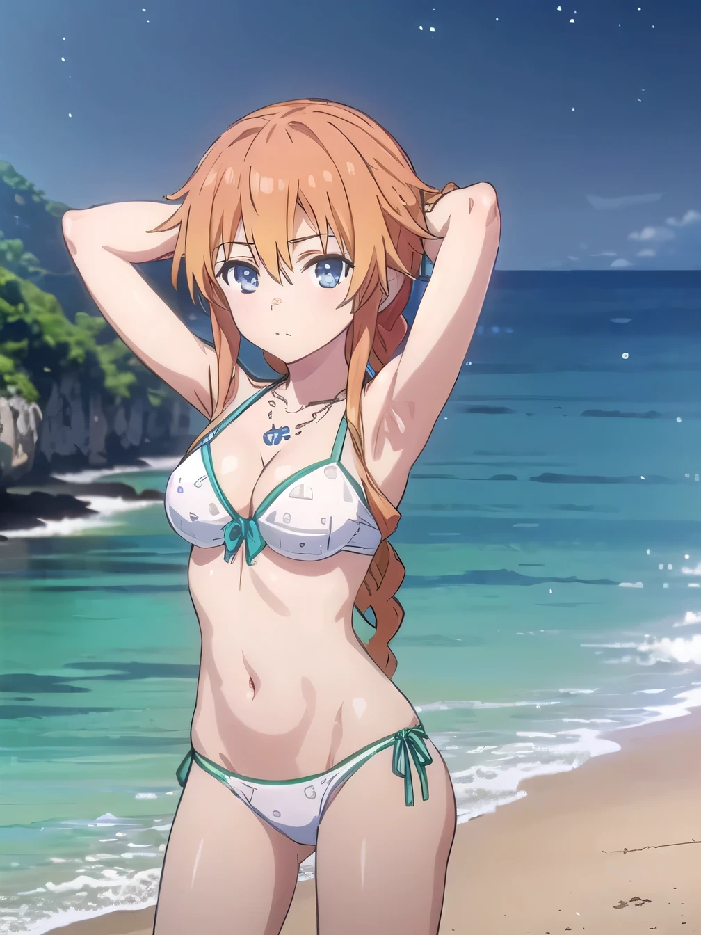 (((pixel-perfect, detail-perfect))), solo, 1girl, yuzuru yamai, white bikini, necklace, green panty, looking at viewer, closed mouth, night sky, beach, contrapposto, expressionless, spread armpits, (cowboy shot:1.5), sleeveless, {arms behind head}