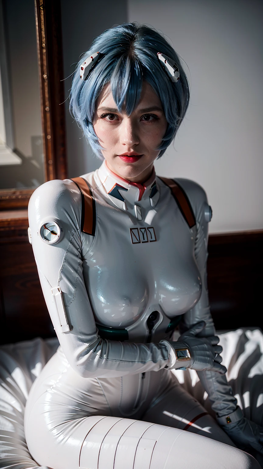 (masterpiece), (best quality), (red eyes), (epiCRealLife), (red lipstick), (j4nu4ryj0n3s) (young woman), (European Model), (Plugsuit), (ayanami_rei plugsuit), interface headset, white bodysuit),(white gloves) (red eyes), (blue hair), (medium breasts),(flash photography), (natural lights), (ample lights),( light smile), (pose for picture), (white gloves), (light smile), (in a spaceship bedroom), (from side), (lying on the bed),