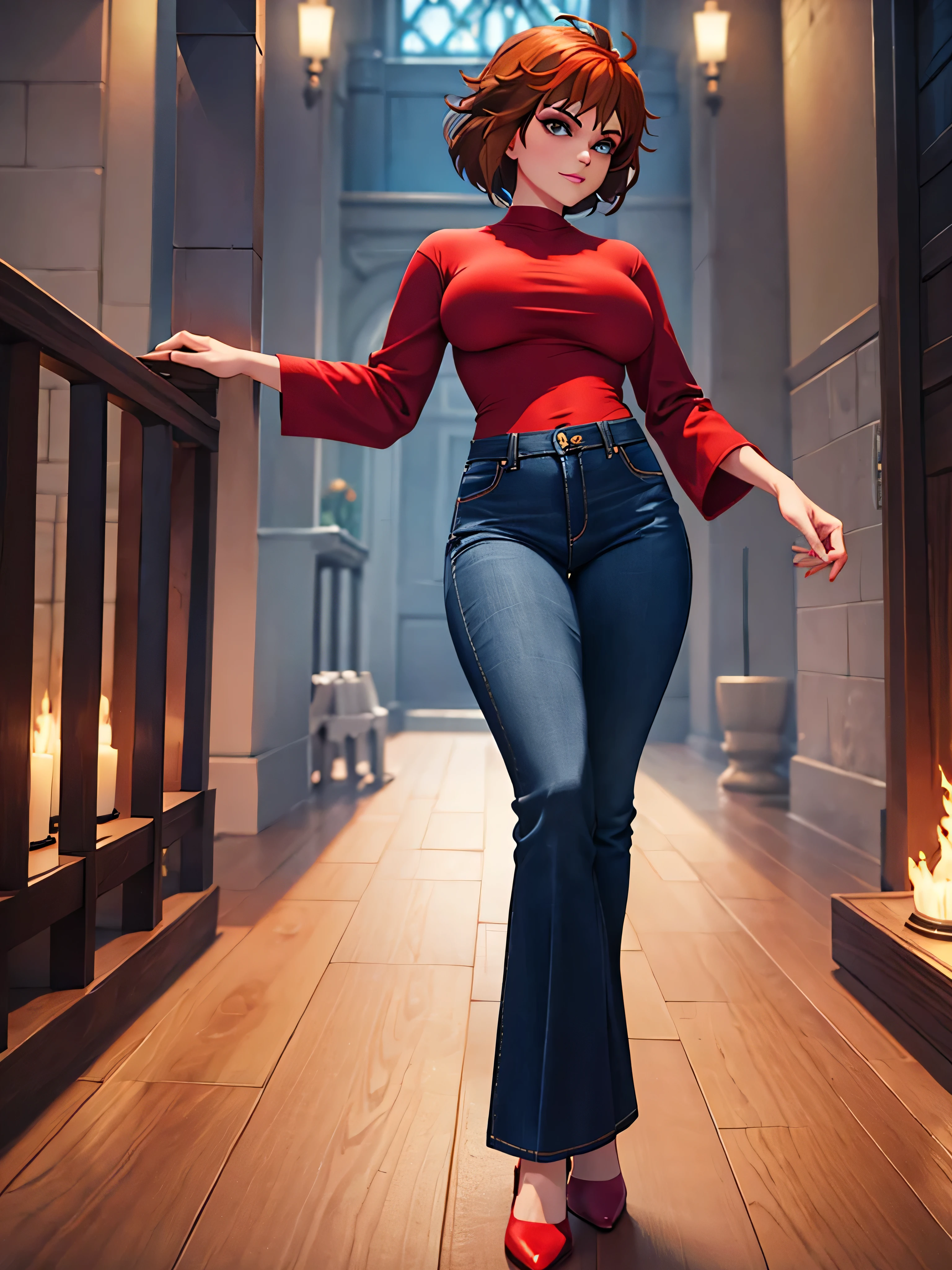 merula, full body, thighs, high heels, solo, nude tits, bootcut flare red jeans, medium tits, lift leg