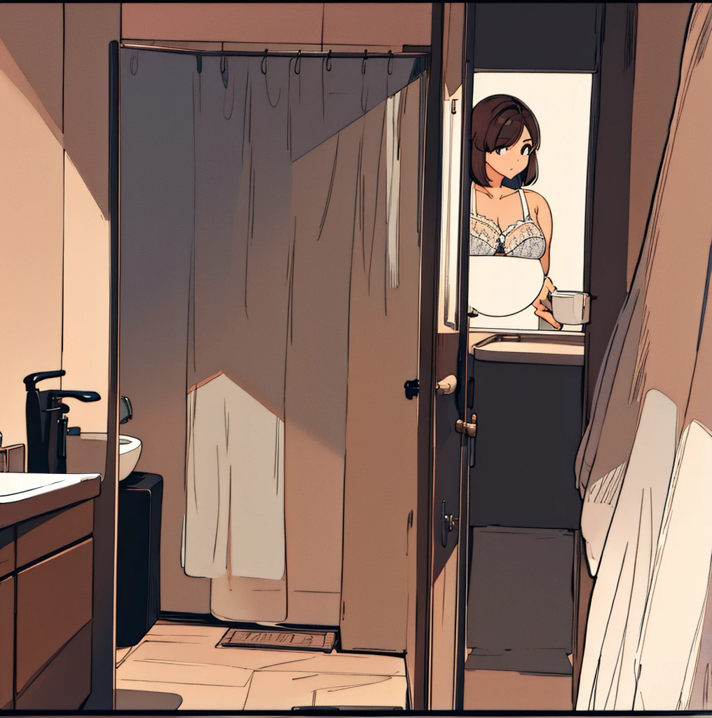 a woman is standing in a bathroom lingerie