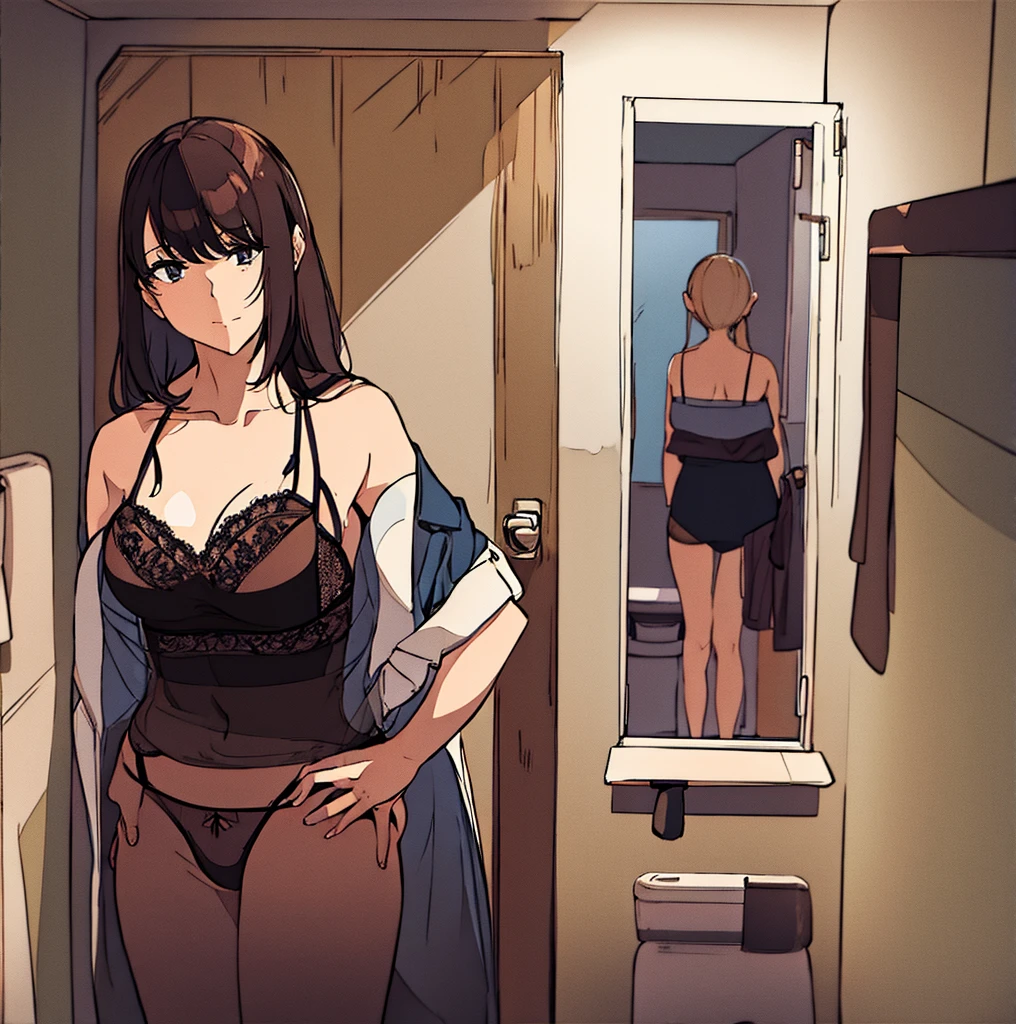 a woman is standing in a bathroom lingerie