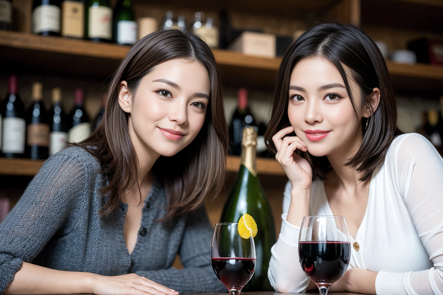 ((highest quality、8k、masterpiece:1.3))、1 male、1 female、Couple、spouse、Couple、The body is slim、((Bob Hale、Straight hair:1.2)), (Realistic, Intricate details:1.2), テーブルの上のwine glass、Put the light on your face、 Amazing view of the sunset sky and clouds、Amazing mountain views、A bright smile、The wonderfulness of smile、Bright image、The beauty of wine, Beautiful Face, blue eyes, The light shines on your face, Blushing, short hair,Bright Face、 (Age 37), 39 years old, red wine 、Appetizers、Italian food、Wine bottle、Champagne、sparkling wine、Two beauties、Brown Hair、Shortcuts、Long sleeve shirt、dress、Pretty Woman 1, (slimな顔), (The body is slim), (Brown Hair), (Shortcuts), cheeks turn a little red,Attractive beauty、restaurant, In a prominent place (From the waist up) Nova Frog Style, actress, model, Upper Body, White wine, slim, wine glass, 中央に置かれたwine glass, smile, (smile: 1.15), Beautiful fine grain, Depth f/2,saturation, High Contrast, Strong light and shadow,Moist Body:1.5、3D texture、Delicate eyes、Brown Hair、The hair is very shiny、