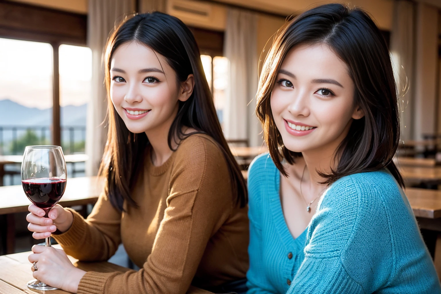 ((highest quality、8k、masterpiece:1.3))、1 male、1 female、Couple、spouse、Couple、The body is slim、((Bob Hale、Straight hair:1.2)), (Realistic, Intricate details:1.2), テーブルの上のwine glass、Put the light on your face、 Amazing view of the sunset sky and clouds、Amazing mountain views、A bright smile、The wonderfulness of smile、Bright image、The beauty of wine, Beautiful Face, blue eyes, The light shines on your face, Blushing, short hair,Bright Face、 (Age 37), 39 years old, red wine 、Appetizers、Italian food、Wine bottle、Champagne、sparkling wine、Two beauties、Brown Hair、Shortcuts、Long sleeve shirt、dress、Pretty Woman 1, (slimな顔), (The body is slim), (Brown Hair), (Shortcuts), cheeks turn a little red,Attractive beauty、restaurant, In a prominent place (From the waist up) Nova Frog Style, actress, model, Upper Body, White wine, slim, wine glass, 中央に置かれたwine glass, smile, (smile: 1.15), Beautiful fine grain, Depth f/2,saturation, High Contrast, Strong light and shadow,Moist Body:1.5、3D texture、Delicate eyes、Brown Hair、The hair is very shiny、