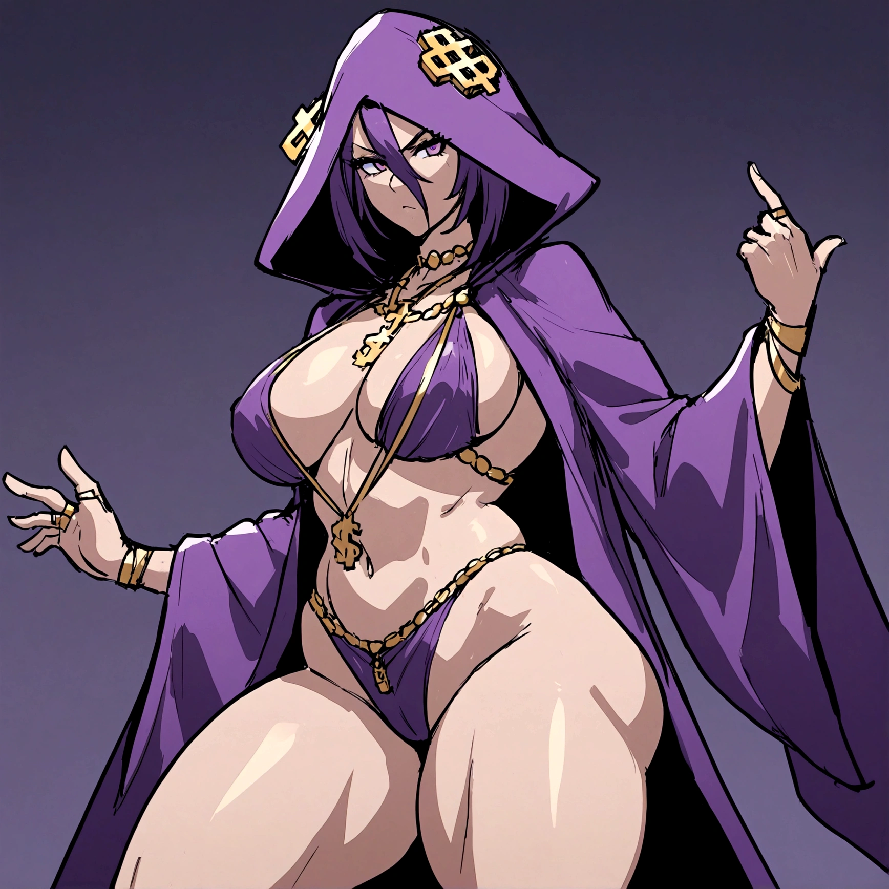 a shadow wizard wearing a purple robe and has nice thick thighs, female, wearing dollar sign Jewlery, slutty, sexy