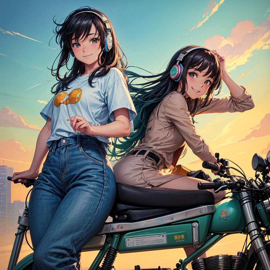 (High resolution, Best Quality, Masterpiece:1.2), (Realistic illustrations), Lo-fi Hip Hop, flat, 2.5D, Line art, Gouache color, Studio Ghibli style, Great colorful, Relaxed girl listening to music with headset, smile, はにかんだsmile, 80s city night view, Riding a motorcycle
