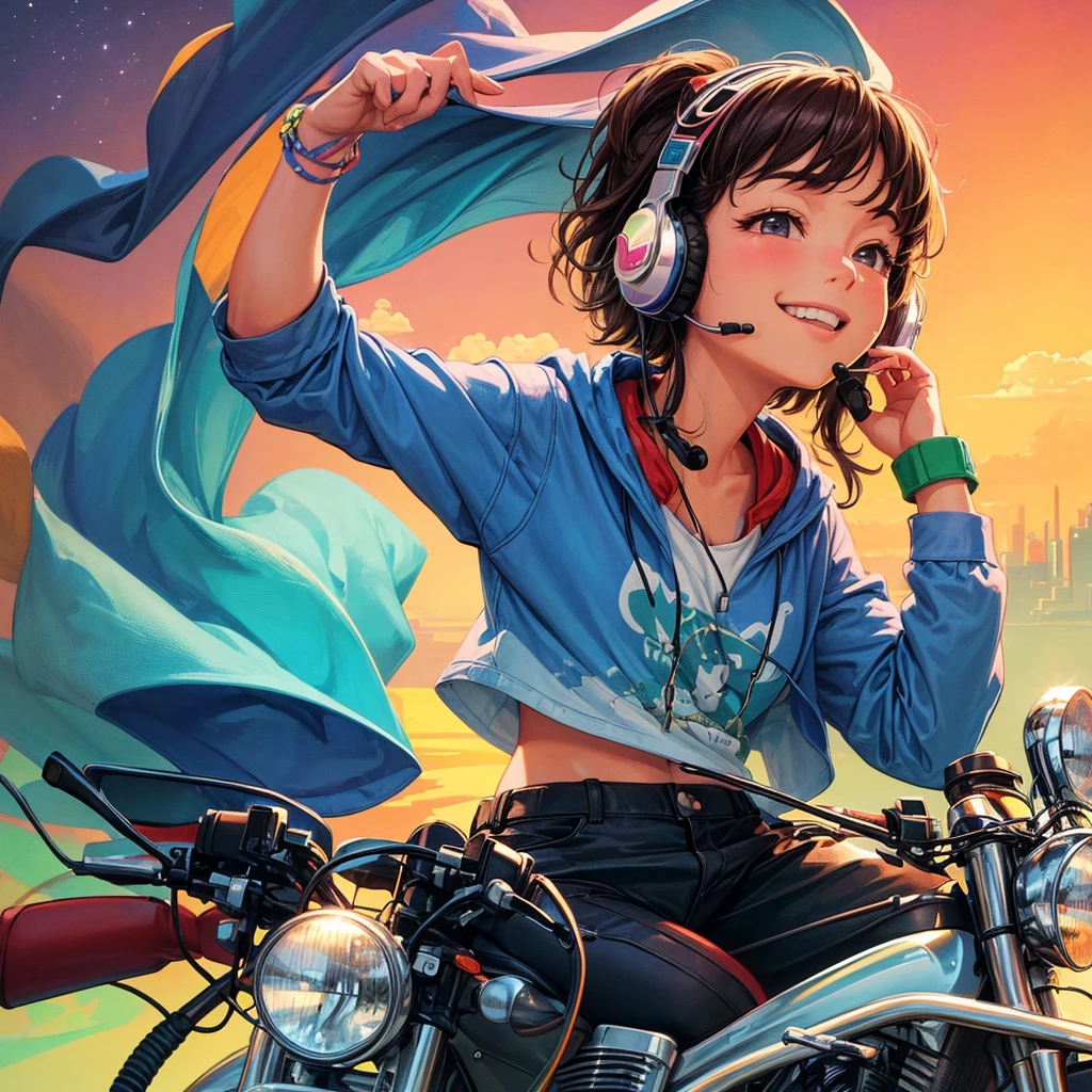 (High resolution, Best Quality, Masterpiece:1.2), (Realistic illustrations), Lo-fi Hip Hop, flat, 2.5D, Line art, Gouache color, Studio Ghibli style, Great colorful, Relaxed girl listening to music with headset, smile, はにかんだsmile, 80s city night view, Riding a motorcycle
