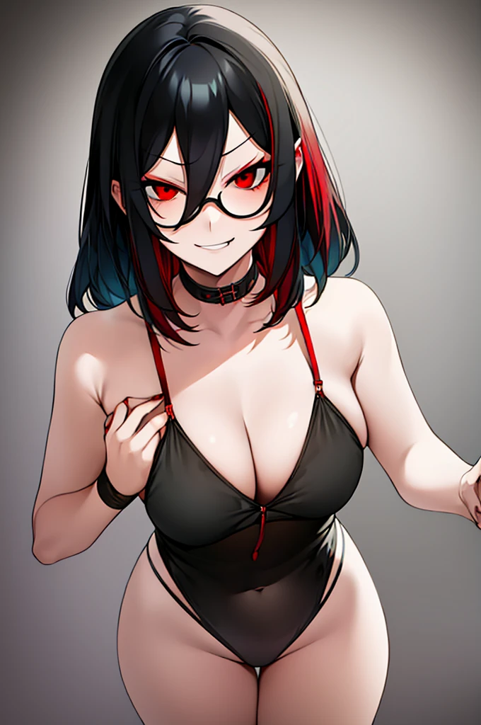 Ainme girl . Black hair . Red eyes . Wearing simple witches clothes . Wearing circle glasses . Arrogant smirk