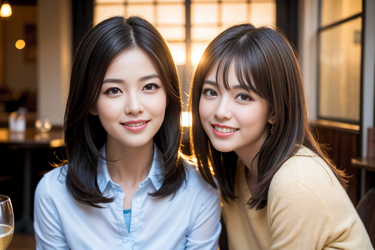 ((highest quality、8k、masterpiece:1.3))、1 male、1 female、Couple、spouse、Couple、The body is slim、((Bob Hale、Straight hair:1.2)), (Realistic, Intricate details:1.2), テーブルの上のwine glass、Put the light on your face、 Amazing view of the sunset sky and clouds、Amazing mountain views、A bright smile、The wonderfulness of smile、Bright image、The beauty of wine, Beautiful Face, blue eyes, The light shines on your face, Blushing, short hair,Bright Face、 (Age 37), 39 years old, red wine 、Appetizers、Italian food、Wine bottle、Champagne、sparkling wine、Two beauties、Brown Hair、Shortcuts、Long sleeve shirt、dress、Pretty Woman 1, (slimな顔), (The body is slim), (Brown Hair), (Shortcuts), cheeks turn a little red,Attractive beauty、restaurant, In a prominent place (From the waist up) Nova Frog Style, actress, model, Upper Body, White wine, slim, wine glass, 中央に置かれたwine glass, smile, (smile: 1.15), Beautiful fine grain, Depth f/2,saturation, High Contrast, Strong light and shadow,Moist Body:1.5、3D texture、Delicate eyes、Brown Hair、The hair is very shiny、