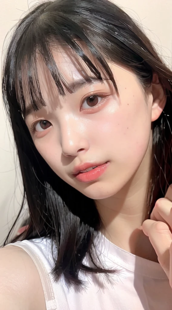 ((((masterpiece, best quality, high resolution)))), Extremely detailed 8K, Beautiful girl with voluptuous body, (Ultra HD, Ultra-detailed, Highly detailed, Highly realistic, Ultra-realistic, photograph realistic), (1girl:1.5), (Realistic white hair), short wavy hair, bob cut, (dynamic poses), facing at camera, light smile, purple eyes, average breasts, (beautiful detailed face, beautiful detailed eyes), (white tank top, thin material), cleavage, dark jean shorts, glow, sweat, (sunbeam, sunlight)