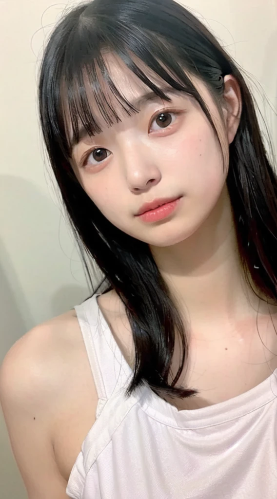 ((((masterpiece, best quality, high resolution)))), Extremely detailed 8K, Beautiful girl with voluptuous body, (Ultra HD, Ultra-detailed, Highly detailed, Highly realistic, Ultra-realistic, photograph realistic), (1girl:1.5), (Realistic white hair), short wavy hair, bob cut, (dynamic poses), facing at camera, light smile, purple eyes, average breasts, (beautiful detailed face, beautiful detailed eyes), (white tank top, thin material), cleavage, dark jean shorts, glow, sweat, (sunbeam, sunlight)