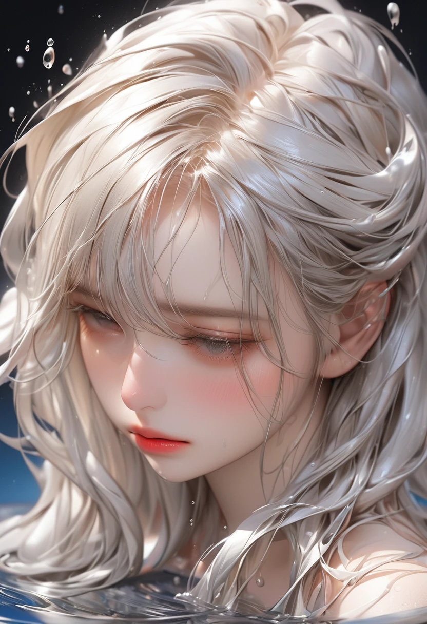 RAW Photos:1.2, masterpiece, highest quality, 16k, Unbelievably absurd, Very detailed, Perfect beauty, Beautiful cute girl, Flowing platinum blonde, Close-up face, Looking down, Wet Hair, Splash 