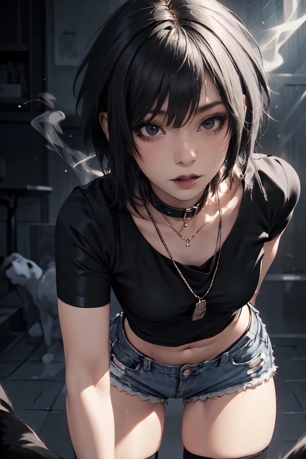 Girl, woman, emo_hairstyle, black lipstick, dog collar, eyeliner, eye shadow, smoky eyes, realistic lighting, short hair, tighhighs, short shorts, midriff, short clothes, thick thighs, bending over.
