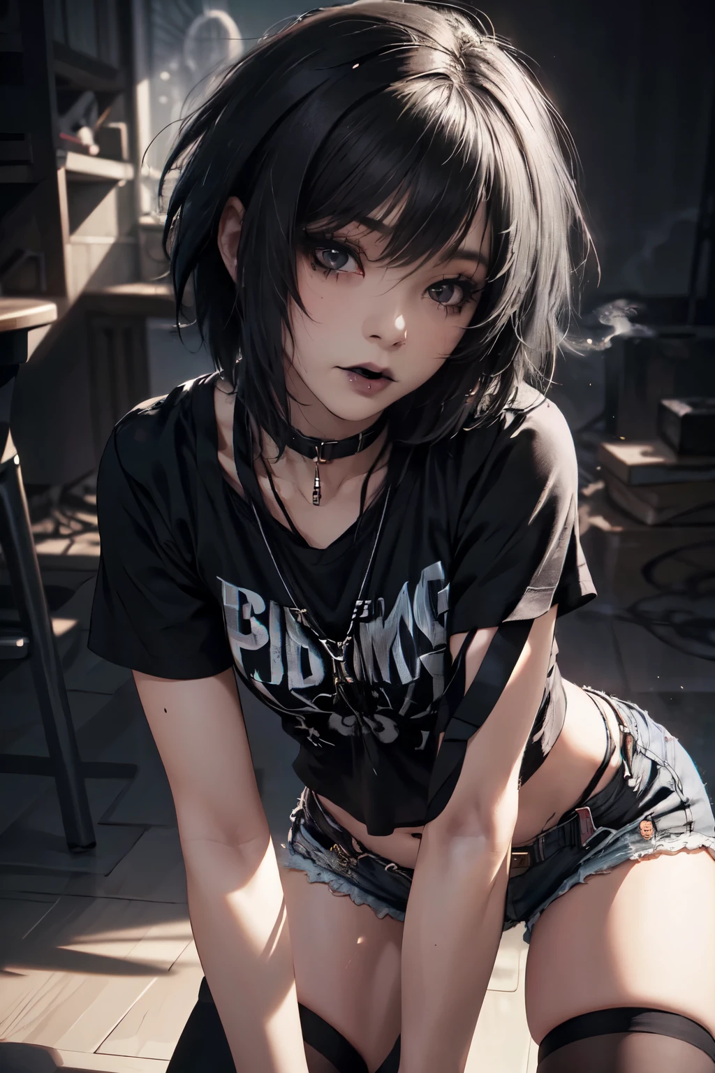 Girl, woman, emo_hairstyle, black lipstick, dog collar, eyeliner, eye shadow, smoky eyes, realistic lighting, short hair, tighhighs, short shorts, midriff, short clothes, thick thighs, bending over.