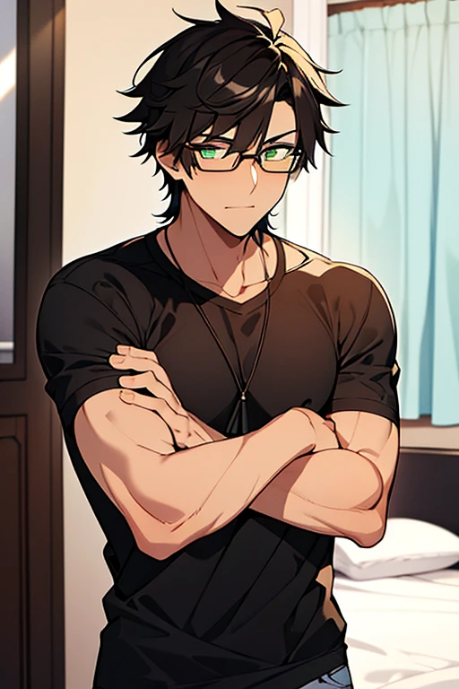 A young man in his 20's with black hair and green eyes. Tanned skin, glasses. Fluffy dark brown hair, Strong looking. Wearing modern style clothes. In a bedroom. Shy expression. Masculine.