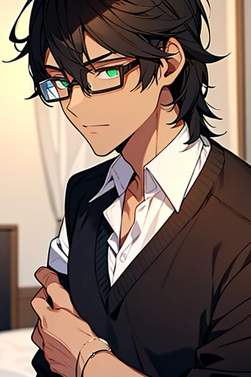 A young man in his 20's with black hair and green eyes. Tanned skin, glasses. Fluffy dark brown hair, Strong looking. Wearing modern style clothes. In a bedroom. Shy expression. Masculine.