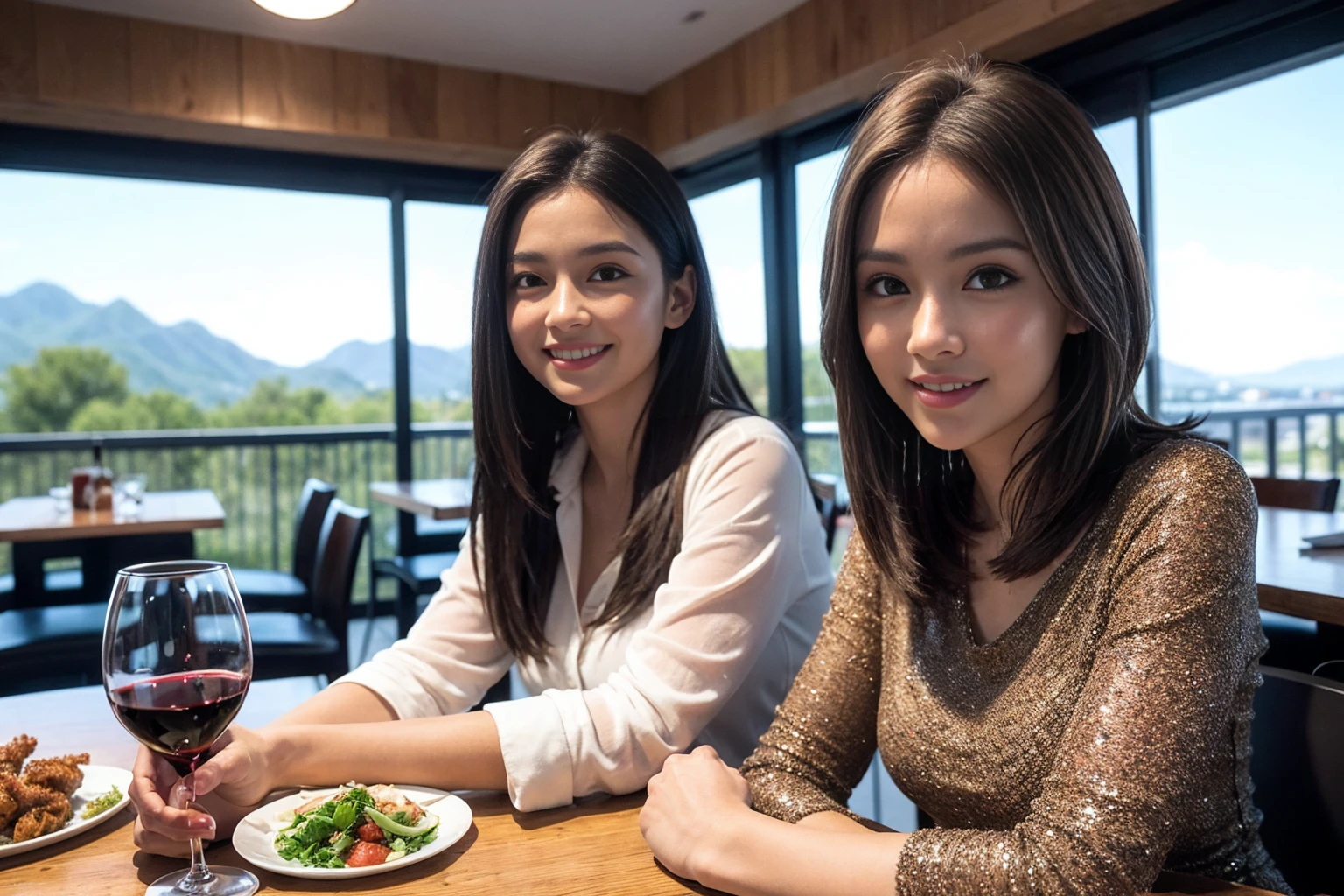((highest quality、8k、masterpiece:1.3))、1 male、1 female、Couple、spouse、Couple、The body is slim、((Bob Hale、Straight hair:1.2)), (Realistic, Intricate details:1.2), テーブルの上のwine glass、Shine light on your face、 Amazing view of the sunset sky and clouds、Amazing mountain views、A bright smile、The wonderfulness of smile、Bright image、The beauty of wine, Beautiful Face, blue eyes, The light shines on your face, Blushing, short hair,Bright Face、 (Age 37), 39 years old, red wine 、Appetizers、Italian food、Wine bottle、Champagne、sparkling wine、Two beauties、Brown Hair、Shortcuts、Long sleeve shirt、dress、Pretty Woman 1, (slimな顔), (The body is slim), (Brown Hair), (Shortcuts), cheeks turn a little red,Attractive beauty、restaurant, In a prominent place (From the waist up) Nova Frog Style, actress, model, Upper Body, White wine, slim, wine glass, 中央に置かれたwine glass, smile, (smile: 1.15), Beautiful fine grain, Depth f/2,saturation, High Contrast, Strong light and shadow,Moist Body:1.5、3D texture、Delicate eyes、Brown Hair、The hair is very shiny、