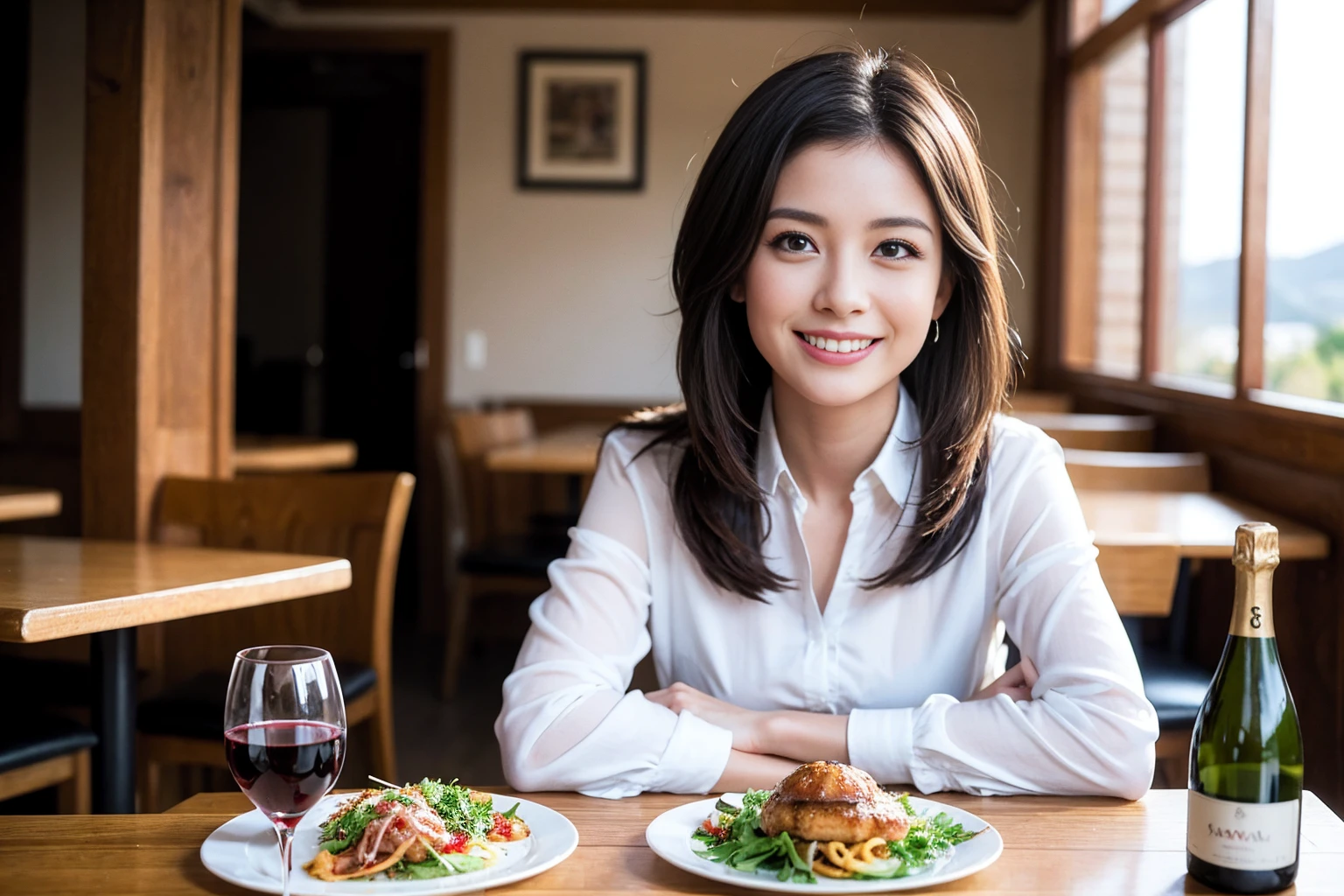 ((highest quality、8k、masterpiece:1.3))、1 male、1 female、Couple、spouse、Couple、The body is slim、((Bob Hale、Straight hair:1.2)), (Realistic, Intricate details:1.2), テーブルの上のwine glass、Shine light on your face、 Amazing view of the sunset sky and clouds、Amazing mountain views、A bright smile、The wonderfulness of smile、Bright image、The beauty of wine, Beautiful Face, blue eyes, The light shines on your face, Blushing, short hair,Bright Face、 (Age 37), 39 years old, red wine 、Appetizers、Italian food、Wine bottle、Champagne、sparkling wine、Two beauties、Brown Hair、Shortcuts、Long sleeve shirt、dress、Pretty Woman 1, (slimな顔), (The body is slim), (Brown Hair), (Shortcuts), cheeks turn a little red,Attractive beauty、restaurant, In a prominent place (From the waist up) Nova Frog Style, actress, model, Upper Body, White wine, slim, wine glass, 中央に置かれたwine glass, smile, (smile: 1.15), Beautiful fine grain, Depth f/2,saturation, High Contrast, Strong light and shadow,Moist Body:1.5、3D texture、Delicate eyes、Brown Hair、The hair is very shiny、