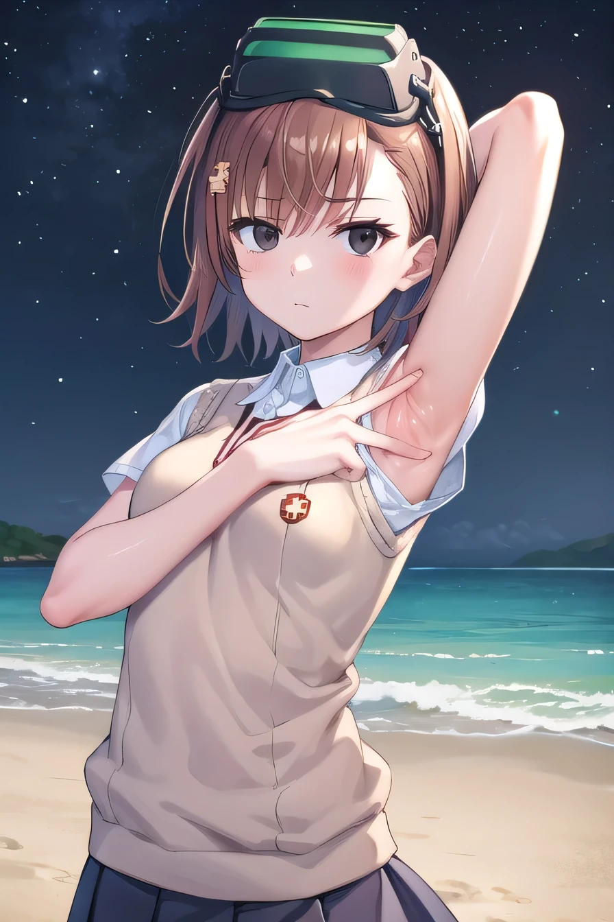 short hair, brown hair, black eyes, empty eyes, goggles, goggles on head, head-mounted display, , sweater vest, shirt, skirt, white shirt, pleated skirt, v-neck, short sleeves, tokiwadai , misaka imouto, solo, night sky, beach, arms behind head, contrapposto, spread armpits, closed mouth, upper body, looking at viewer,