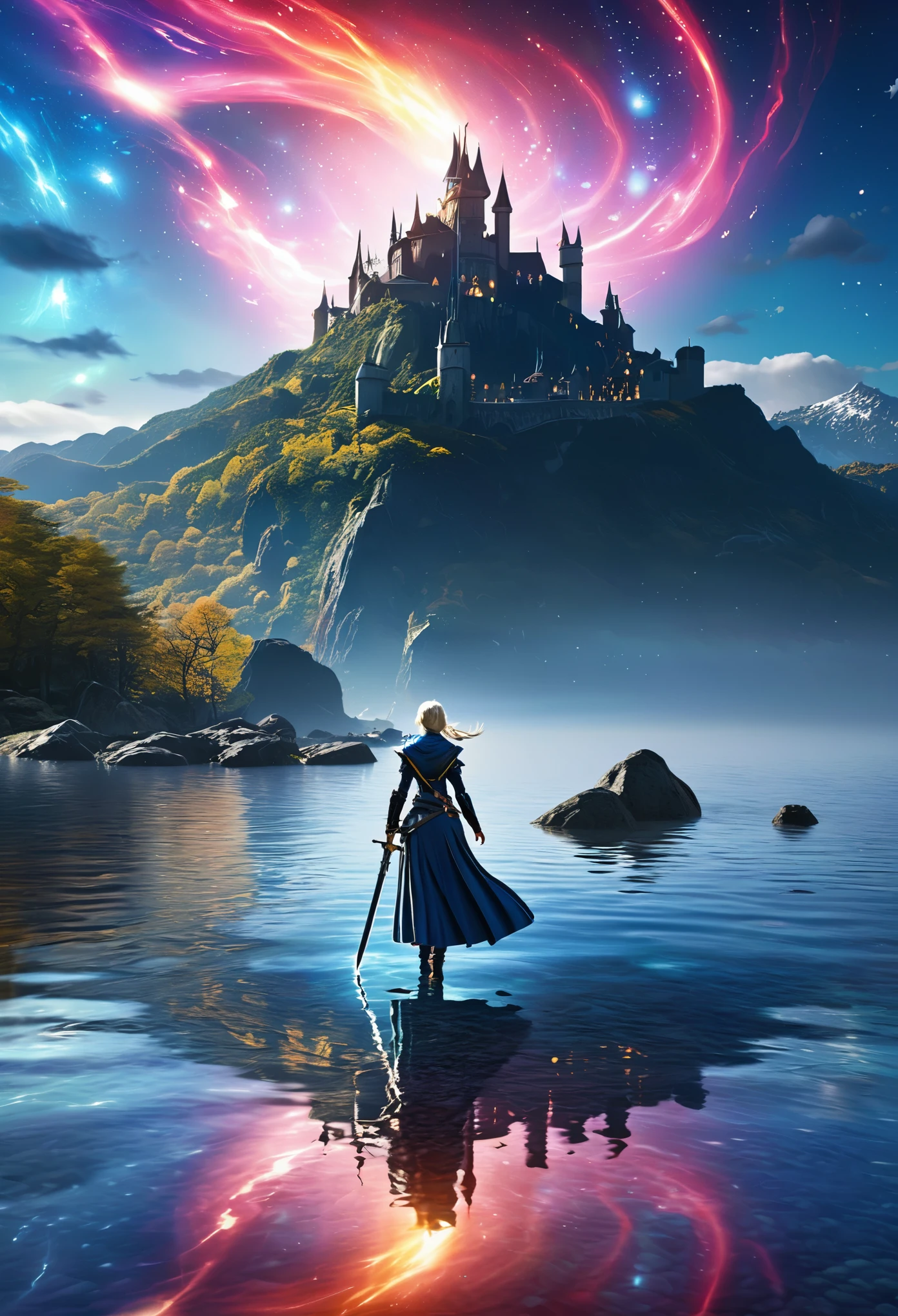 (8k, highest quality, masterpiece, final fantasy style: 1.2), (unrealistic, photorealistic: 1.37), (one mage lady standing on lake side, huge bouncing bust, with sword with fire, Her sword shines into the heavens:1.1), Dreamy landscape, Fantasy, Unsurreal landscapes, Super detailed, Flying medieval castle, Floating Island in the Sky, Seven-colored swirl of light, (流星のMr.に空を舞う光り輝く尾の長い小鳥:1.3), Aurora, Intense lightning, milky way, Complex Light, Mr.々Colored light, Large Lake, Starry sky reflected on the lake surface, Countless shining stars, Meteors, Many meteors, Aura of, (A pillar of light emanated from the ground:1,2), 複雑な文Mr.の魔法陣,