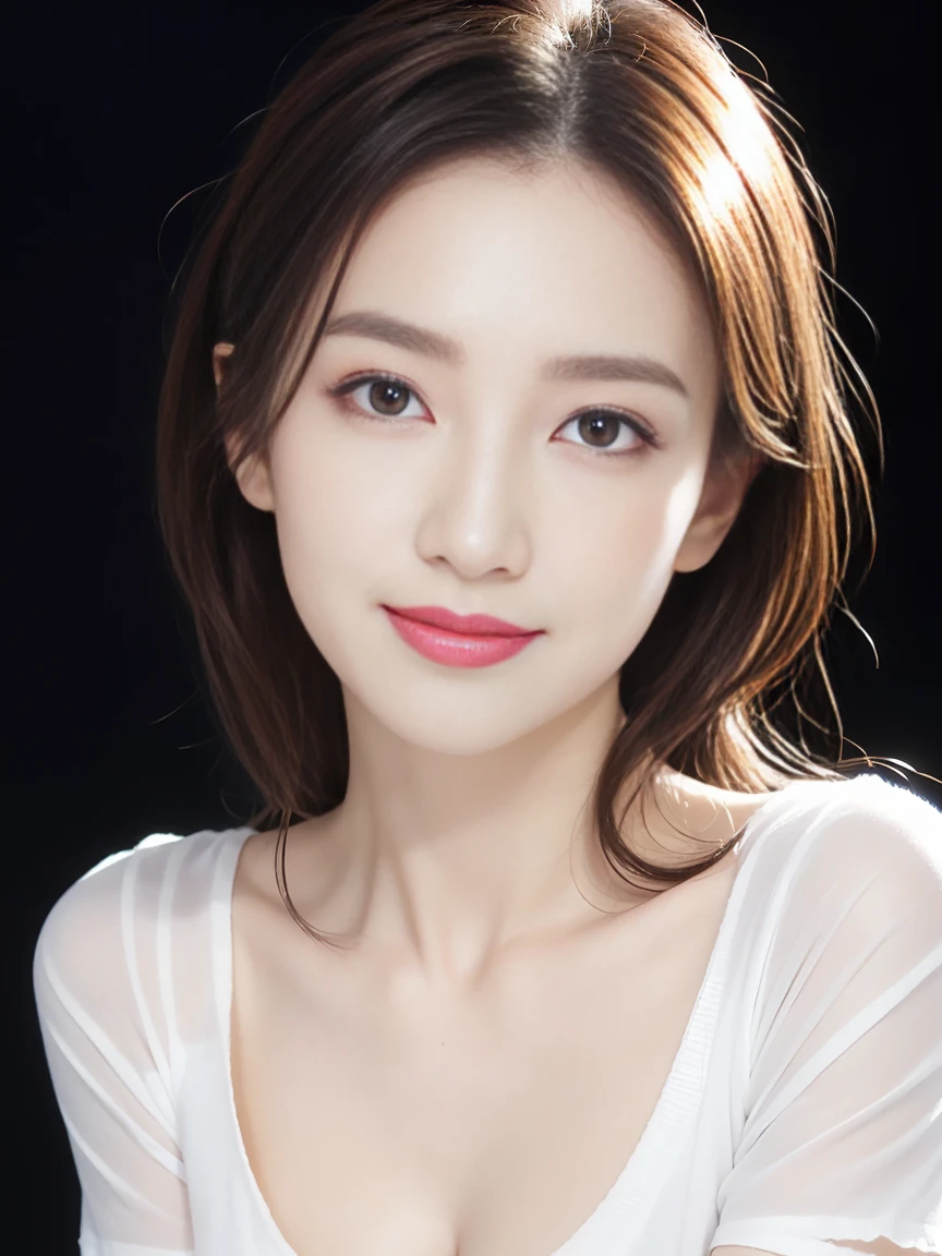(highest quality、Tabletop、8k、Best image quality、Award-winning works)、One beautiful woman、Beautiful and elegant long hair、Beautiful black hair、(alone:1.1)、(The perfect black V-neck short-sleeve knit:1.4)、(The simplest black background:1.4)、とてもBig Breasts、Accentuate your body lines、Beautiful and exquisite、look at me、(Perfect Makeup:1.1)、Bright lipstick、Ultra-high definition beauty face、Ultra HD Hair、Ultra HD Shining Eyes、Ultra High Resolution Perfect Teeth、Super high quality glossy lip、Accurate anatomy、Very beautiful skin、Glowing skin in ultra-high resolution、An elegant upright posture when viewed from the front、(very bright and vivid:1.3)、(Slender body:1.2)、(Cleavage:1.2)、(Big Breasts:1.1)、Shiny, Bright lipstick、(Face close-up:1.2)、(58-year-old:1.4)、(Wrinkled adult face:1.5)、Randomly oriented body、(West Shot)、