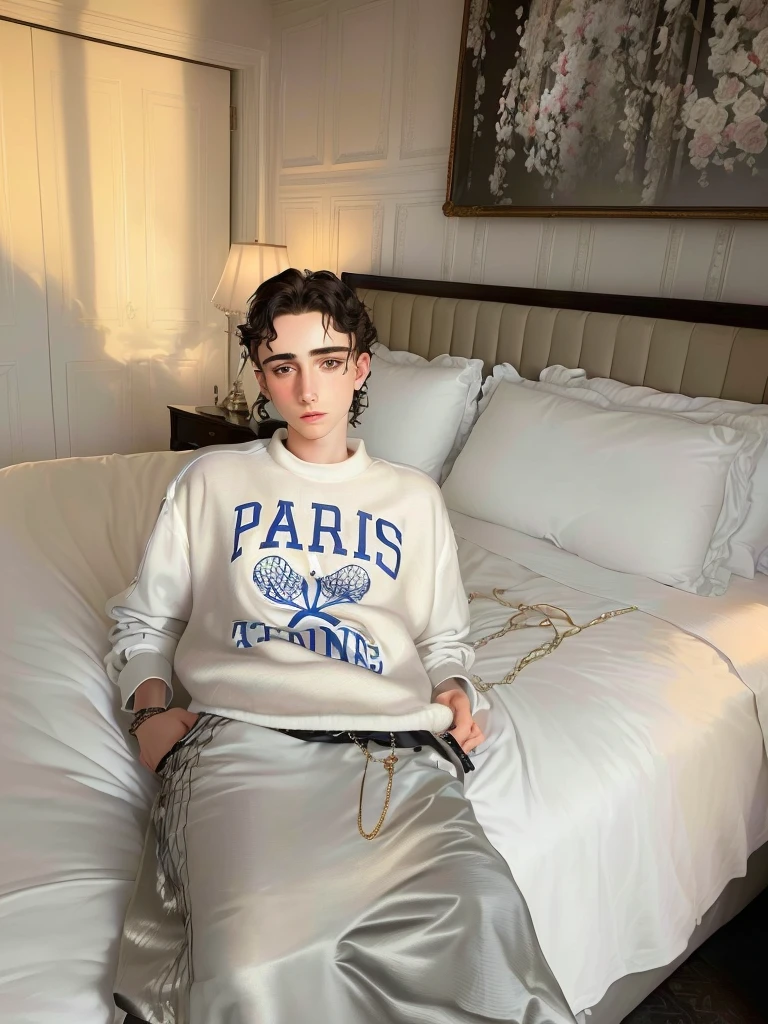 arafed woman sitting on a bed in a hotel room, Timothée Chalamet, tommy 1 6 , in Paris, portrait of Timothée Chalamet, beautiful androgynous prince, inspirado en Louis Hersent, lv, sitting in a french apartment, Paris, inspired by Daniël Mijtens, delicate androgynous prince