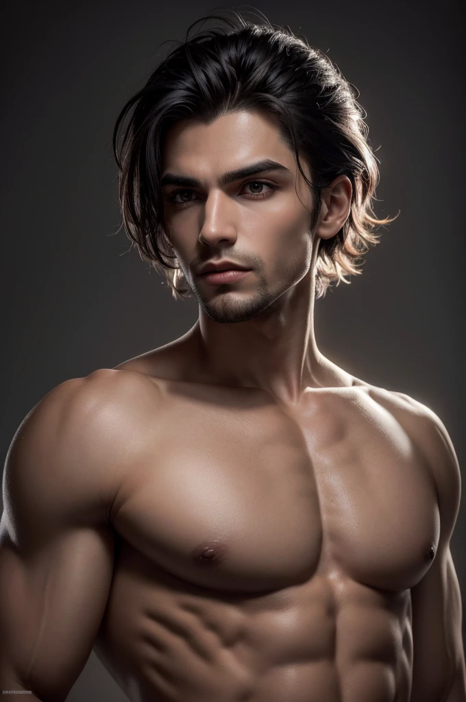 (papel de parede 8k extremamente detalhado), a medium photo of a young male, male characteristics, olhos vermelhos, cabelo curto castanho, queixo forte, corpo em forma, alto, corpo todo, Vampire aesthetics, Gothic architecture, sem camisa,completamente nu,naked soft lighting, beauty lighting , enormes asas de anjo negro,