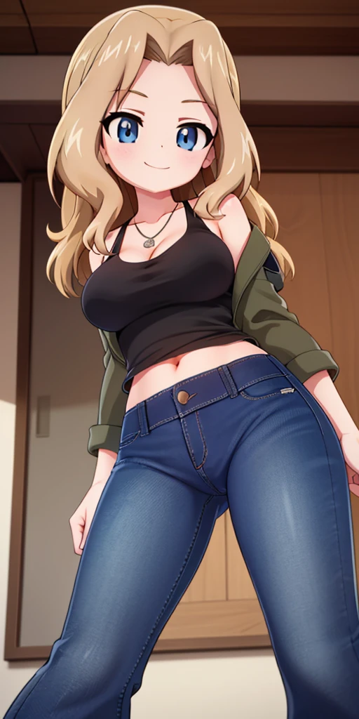 masterpiece, best quality, ultra-detailed, 1 girl, solo, Kay(Girls & Panzer), blonde, long hair, hair intake, blue eyes, breasts, black tank top, tag necklace, deep blue baggy flare jeans(Wide flares on jeans:1.2), black combat boots, brown long sleeve military jacket, smile, kay
