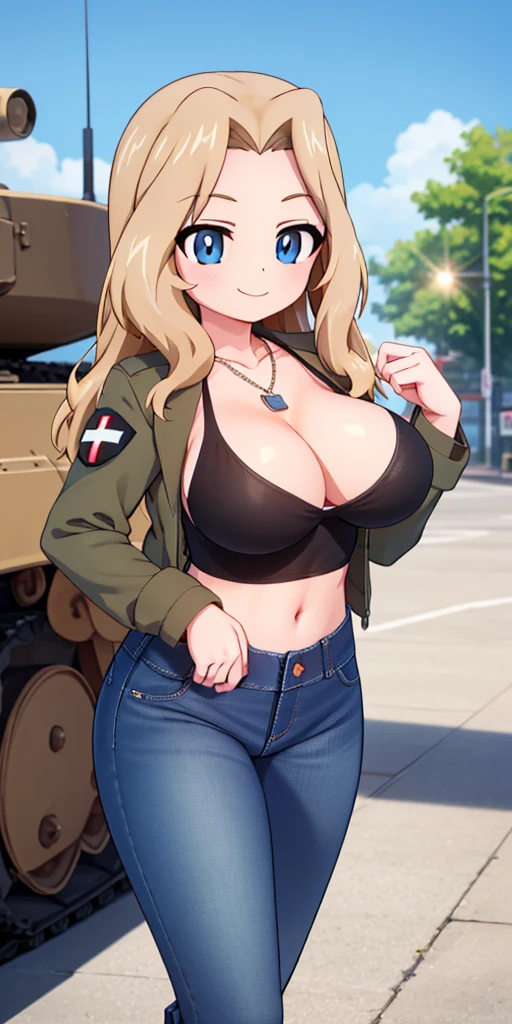 masterpiece, best quality, ultra-detailed, 1 girl, solo, Kay(Girls & Panzer), blonde, long hair, hair intake, blue eyes, breasts, black tank top, tag necklace, deep blue baggy flare jeans(Wide flares on jeans:1.2), black combat boots, brown long sleeve military jacket, smile, kay