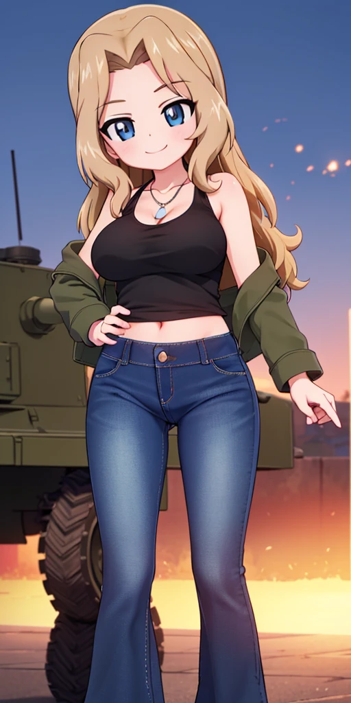 masterpiece, best quality, ultra-detailed, 1 girl, solo, Kay(Girls & Panzer), blonde, long hair, hair intake, blue eyes, breasts, black tank top, tag necklace, deep blue baggy flare jeans(Wide flares on jeans:1.2), black combat boots, brown long sleeve military jacket, smile, kay
