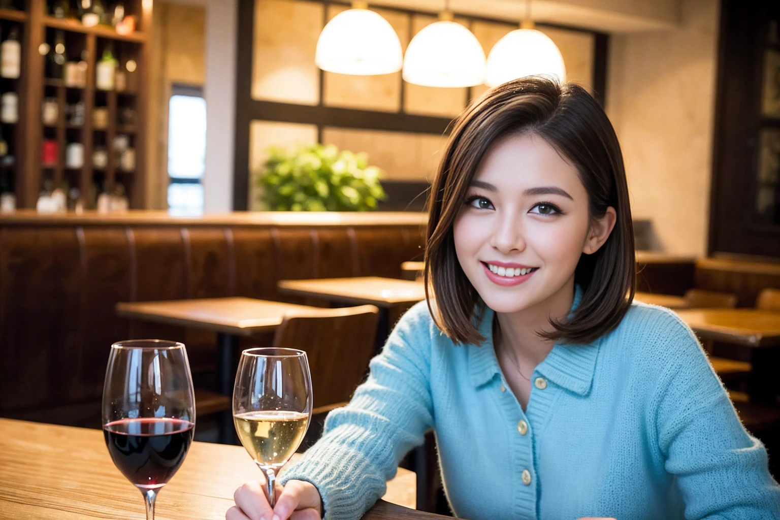((highest quality、8k、masterpiece:1.3))、1 male、1 female、Couple、spouse、Couple、The body is slim、((Bob Hale、Straight hair:1.2)), (Realistic, Intricate details:1.2), テーブルの上のwine glass、Put the light on your face、 Amazing view of the sunset sky and clouds、Amazing mountain views、A bright smile、The wonderfulness of smile、Bright image、The beauty of wine, Beautiful Face, blue eyes, The light shines on your face, Blushing, short hair,Bright Face、 (Age 37), 39 years old, red wine 、Appetizers、Italian food、Wine bottle、Champagne、sparkling wine、Two beauties、Brown Hair、Shortcuts、Long sleeve shirt、dress、Pretty Woman 1, (slimな顔), (The body is slim), (Brown Hair), (Shortcuts), cheeks turn a little red,Attractive beauty、restaurant, In a prominent place (From the waist up) Nova Frog Style, actress, model, Upper Body, White wine, slim, wine glass, 中央に置かれたwine glass, smile, (smile: 1.15), Beautiful fine grain, Depth f/2,saturation, High Contrast, Strong light and shadow,Moist Body:1.5、3D texture、Delicate eyes、Brown Hair、The hair is very shiny、