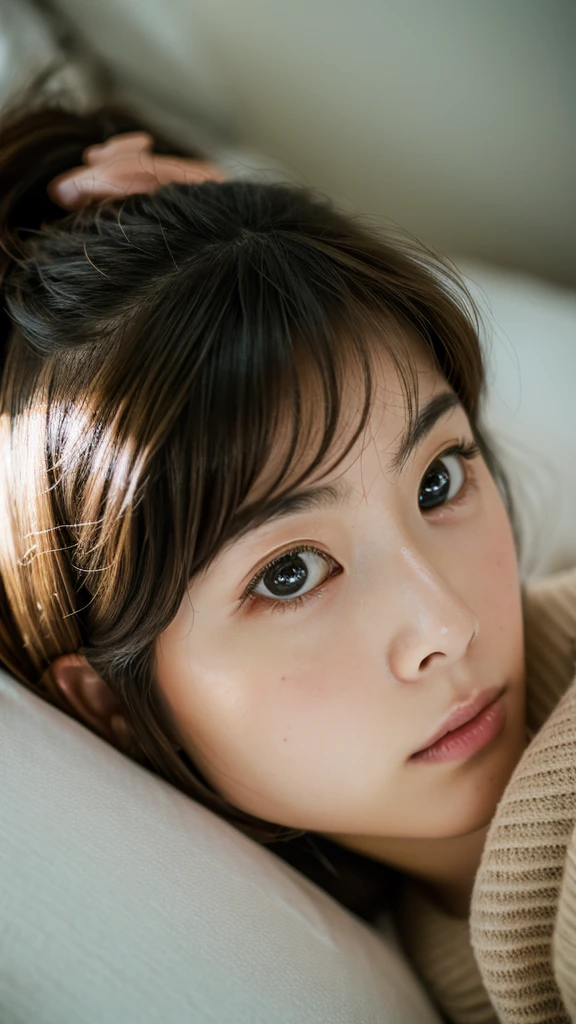 (best quality,8k,masterpiece:1.2), ultra-detailed, realistic, Japanese girl with a cute face, beautiful detailed eyes, expressive and melancholic facial expression, long eyelashes, wearing a loose T-shirt, lying face down on a modern bed, random hairstyle, in a fairytale-like room, cinematic lighting, photorealistic skin, captured with a Leica camera, vintage film vibe.cinematic, 35mm, photo --. niji 5 --ar 16:9 ---s 180