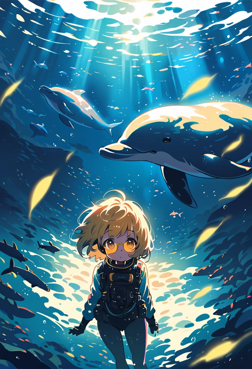 (extremely detailed fine touch:1.3), (hard light, studio light, light rays, dappled light, reflection, shadows, ray tracing:1.0), (2D:1.3), ///, kawaii girl, scuba diving, beautiful sea, playing with dolphins, (super very short hair:1.3), surrounded by shining light, (((yellow glasses:1.3))), underrim_metal, headphones,