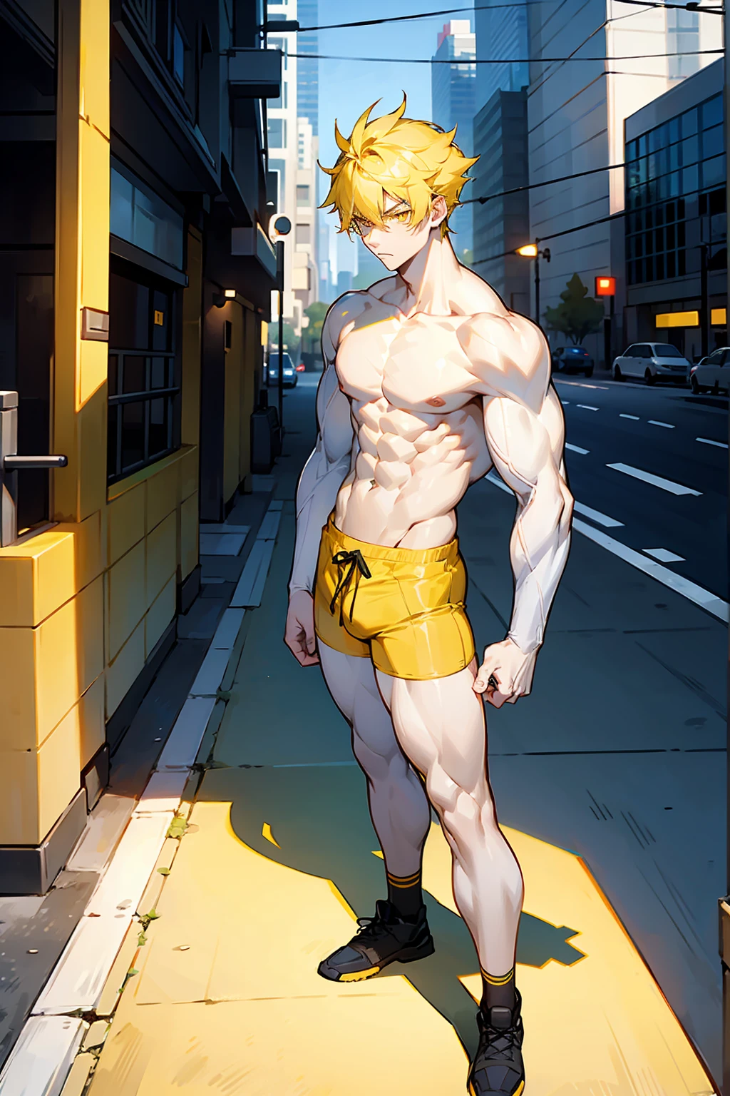 1male , Muscular , Adult Male , Pale Skin , Yellow Eyes , Pale Blue Hair , Yellow Highlighted Hair , Serious Expression , Modern city background , Standing on sidewalk