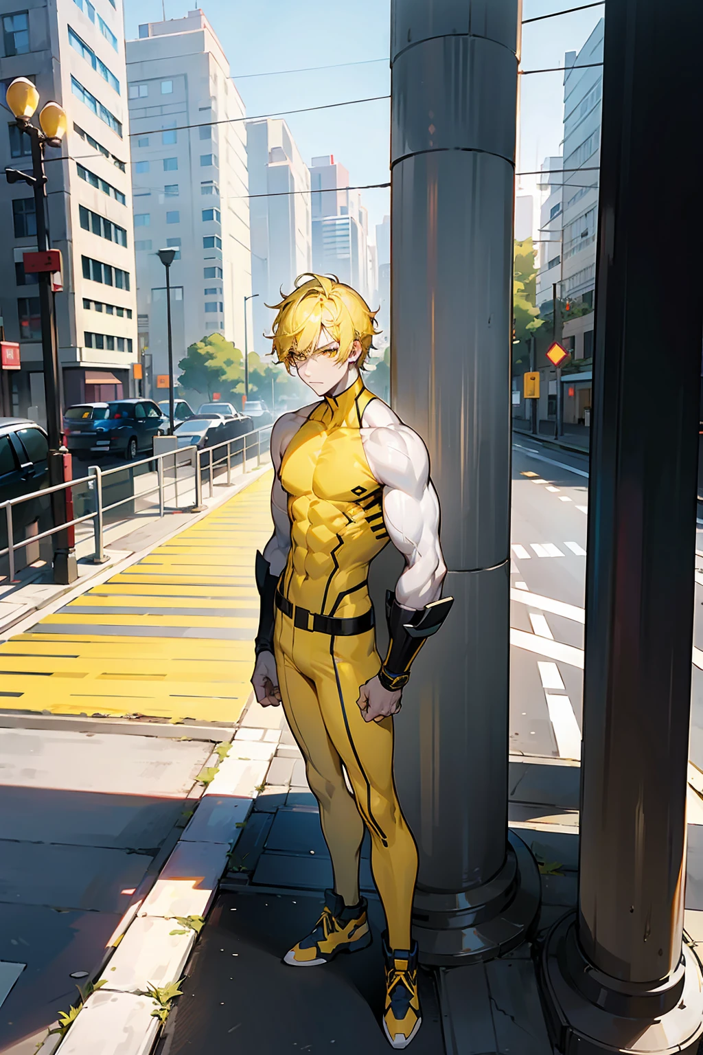1male , Muscular , Adult Male , Pale Skin , Yellow Eyes , Pale Blue Hair , Yellow Highlighted Hair , Serious Expression , Modern city background , Standing on sidewalk