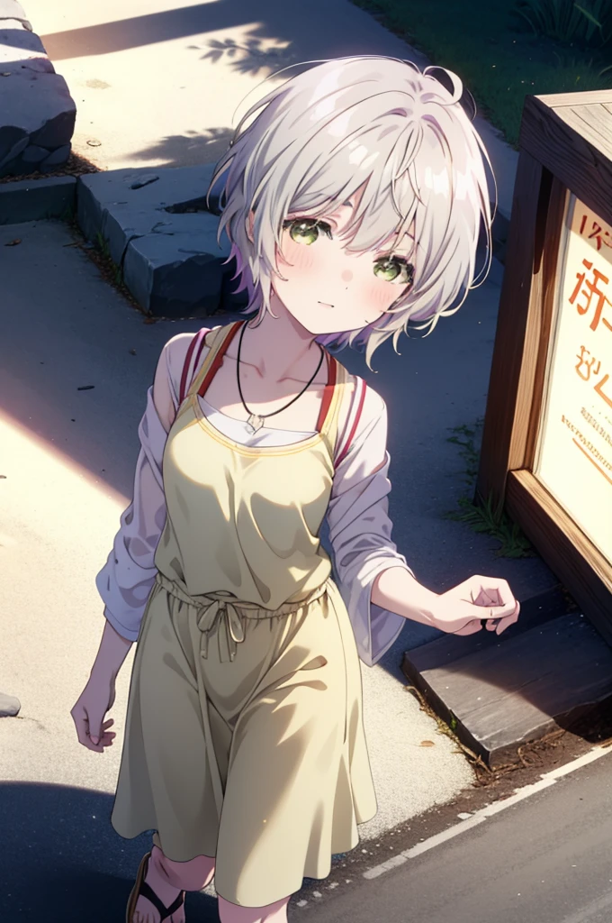 fuukakikuchi, fuuka kikuchi, １Girl Girl,short hair, bangs, Hair between the eyes, (Green Eyes:1.3), Straw hat,Brown seashell necklace,Gray Hair,smile,blush,White vest,Red Tank Top,Long skirt,Cute Sandals,whole bodyがイラストに入るように,Daytime,Clear skies,walking,morning,morning陽,The sun is rising,
break outdoors, Coastal Road,Sandy Beach,Building district,
break looking at viewer,whole body,Upper Body,
break (masterpiece:1.2), highest quality, High resolution, unity 8k wallpaper, (shape:0.8), (Fine and beautiful eyes:1.6), Highly detailed face, Perfect lighting, Highly detailed CG, (Perfect hands, Perfect Anatomy),