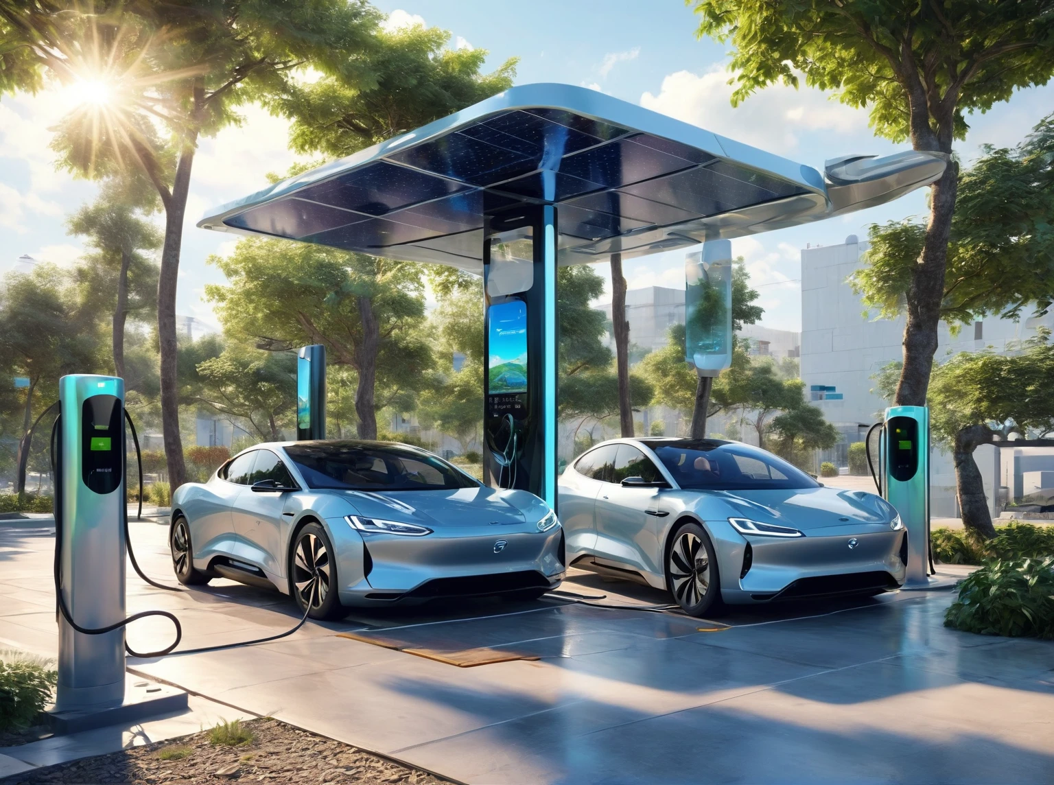 Design a futuristic charging station for electric vehicles, with solar panels providing the energy. The background includes cars charging, drivers relaxing in a shaded area, and the station's sleek, modern design