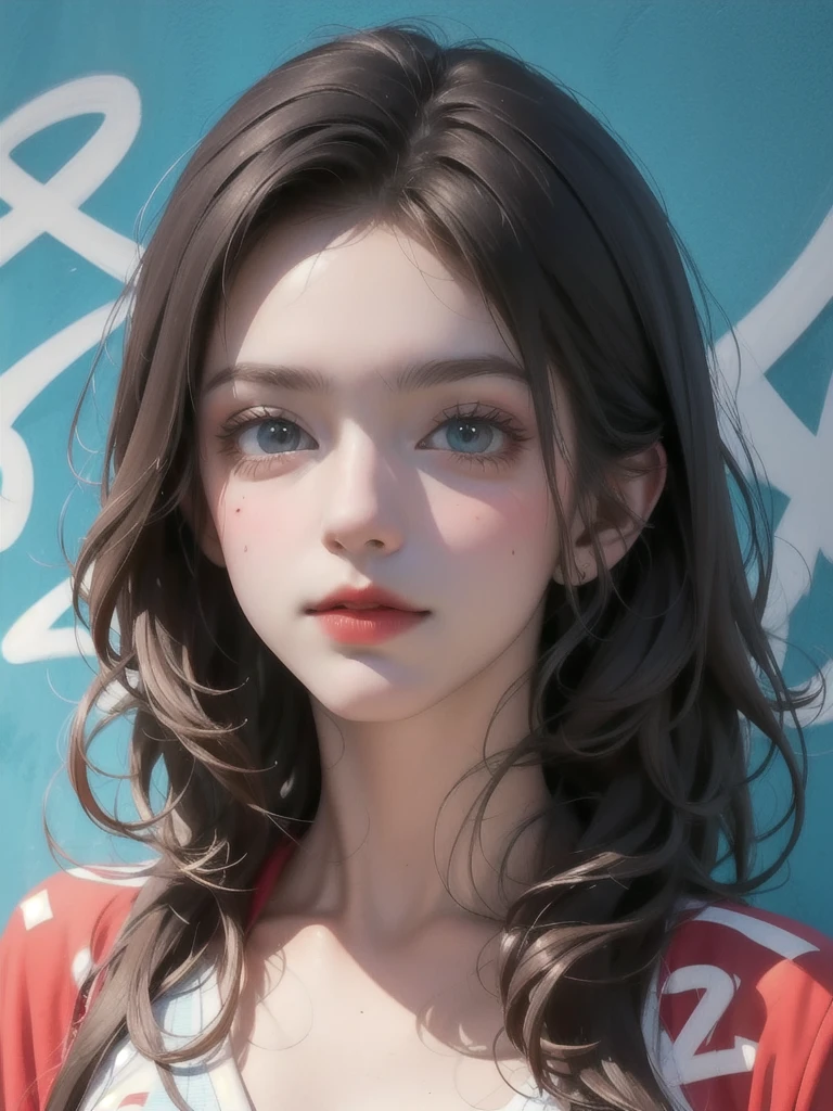 (best quality), masterpiece, Highly detailed CG 8k illustrations, Boss, extremely Boss saturation, All colors are deepened, painting, graffiti art, Center Configuration, Highly detailed light and shadow, Graffiti Wall, wall paintinged bright, A girl graffiti A girl is looking at the wall, The face and eyes are rich in detail, Medium Length Hair, Sportswear, Colored clouds、Chinese Girl
