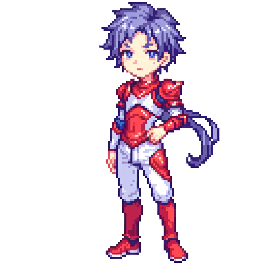 masterpiece , best quality , pixel art , 1 boy , fantasy clothes , full body , white background , hero , deformed , 128*128 dot picture , junior , red armour , worst pixels