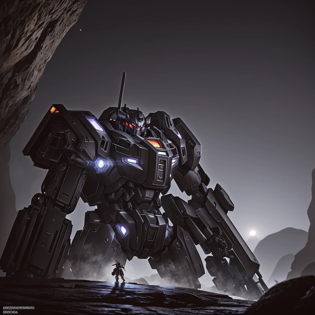 um mecha samurai de olhos roxos purpura, ethereal and mecha theme, black octane rendering, aesthetic lock, realistic mecha aesthetic, Incredibly detailed octane rendering, mecha preto, 8k octanas renderizadas, fundo uma cachoeira, o personagem esta meditando em uma caverna que fica atras desta cachoeira, the environment is dark but well lit, the character displays many details in addition to his hands making signs of meditation, background esta meditando em uma caverna atras de uma cachoeira