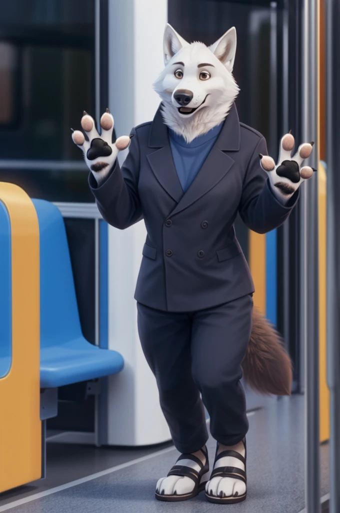Barbara\(Moscow\), (white body:1.3), white fur, Brown eyes, Moscow, dressed, black jacket,trousers,blue,brown open heel sandals, canine, wolf, Detailed fur, female, breast, Anthro, paw pads, finger claws, waving, waving at viewer, 5 fingers, paws, 4 toes,rides on the bus,
BREAK from nextel, for dating, by xenoforge, (difficult, high detail, Film photography, soft focus, RAW сидит,
Photorealism, realistic, photorealistic, digital style, subsurface scattering,
masterpiece, Best quality, ultra realistic, 8K)