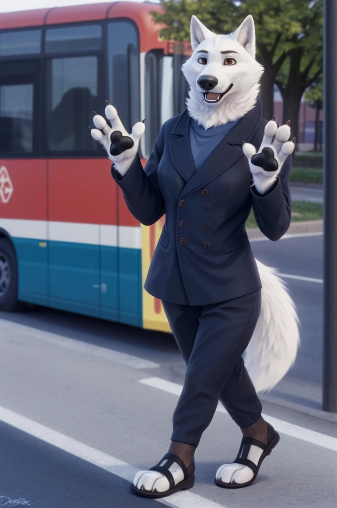 Barbara\(Moscow\), (white body:1.3), white fur, Brown eyes, Moscow, dressed, black jacket,trousers,blue,brown open heel sandals, canine, wolf, Detailed fur, female, breast, Anthro, paw pads, finger claws, waving, waving at viewer, 5 fingers, paws, 4 toes,rides on the bus, 
BREAK from nextel, for dating, by xenoforge, (difficult, high detail, Film photography, soft focus, RAW сидит,
Photorealism, realistic, photorealistic, digital style, subsurface scattering,
masterpiece, Best quality, ultra realistic, 8K)