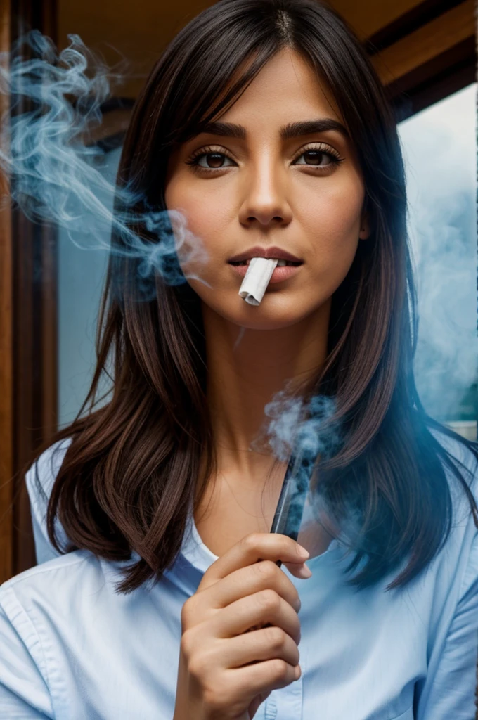 Una persona de ojos grandes fumando.