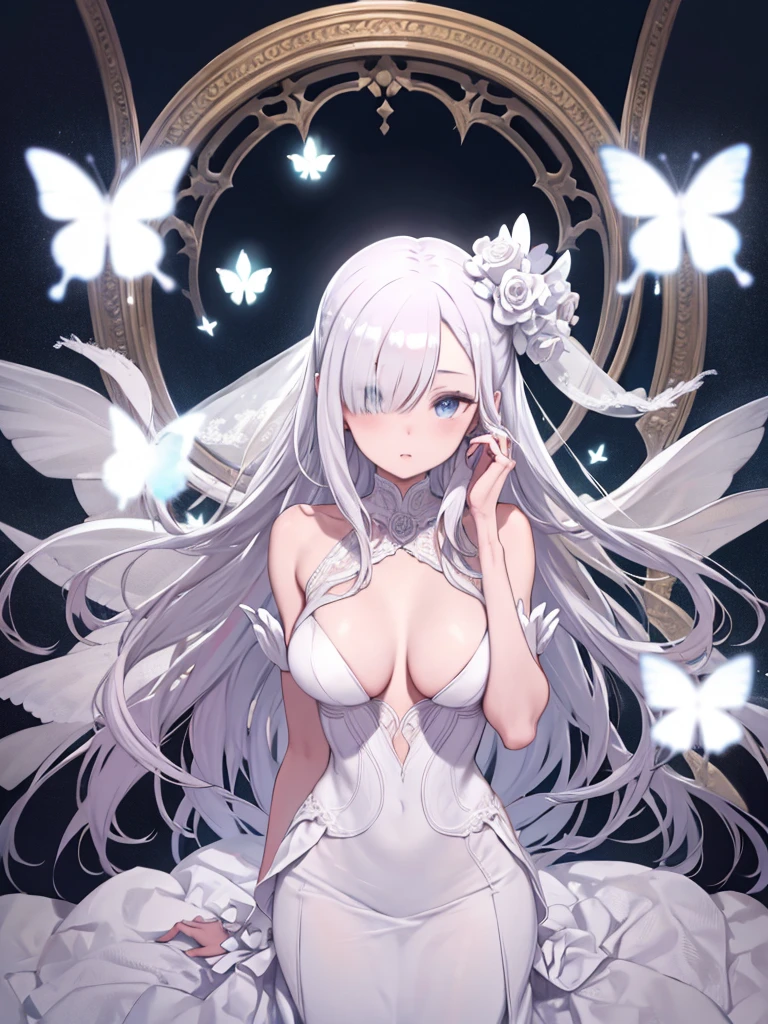 Silver Hair，butterfly，Long white hair，White Wedding Dress，8k wallpaper，Detailed Background，Highest Resolution，Deep V Big Tits，Hair covering one eye，Bandeau wedding dress，Chis，White Rose，tight