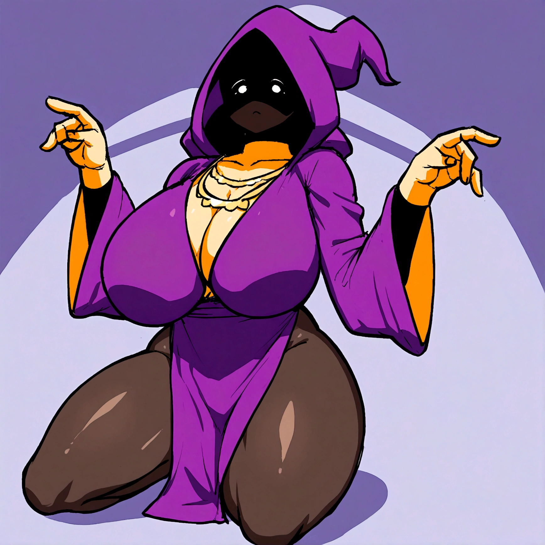 a thicc curvy shadow wizard wearing a purple robe and has nice thick thighs, female