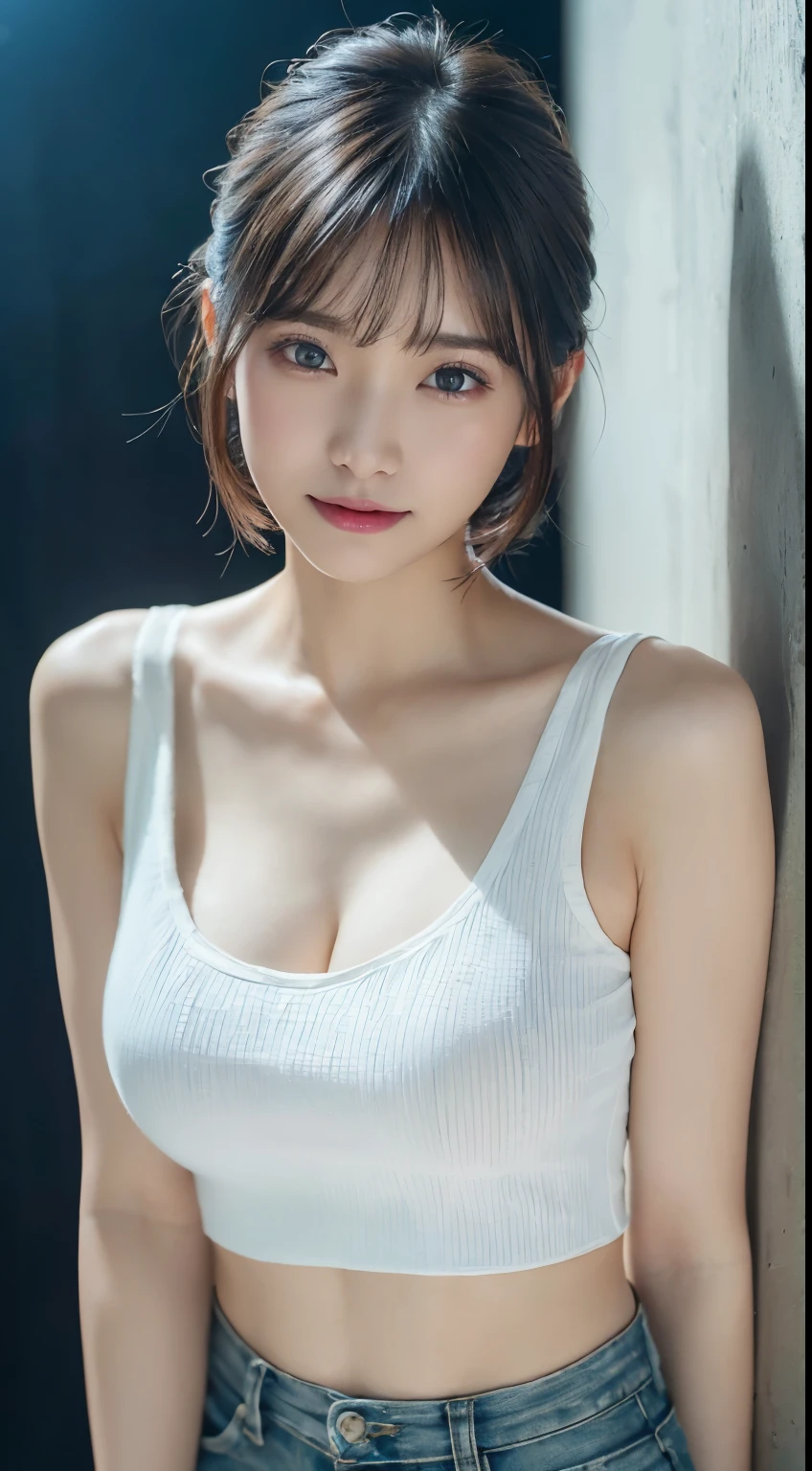 Innocent 20 year old girl、((White tank top, Dramatic poses)),Smile,short-cut,Natural park、Raw photo, (8K、top-quality、​masterpiece:1.2)、(intricate detailes:1.4)、(Photorealsitic:1.4)、octane renderings、Complex 3D rendering ultra detail, Studio Soft Light, Rim Lights, vibrant detail, super detailing, realistic skin textures, Detail Face, Beautiful detail eyes, Very detailed CG Unity 16k wallpaper, make - up, (detailedbackground:1.2), shinny skin, Full body、cleavage of the breast,((Standing with hands folded behind your back、Leaning forward、Angle from above))