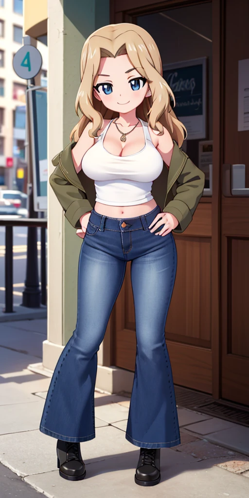 masterpiece, best quality, ultra-detailed, 1 girl, full body, solo, Kay(Girls & Panzer), blonde, long hair, hair intake, blue eyes, breasts, black tank top, tag necklace, deep blue baggy flare jeans(Wide flares on jeans:1.2), black combat boots, brown long sleeve military jacket, smile, kay
