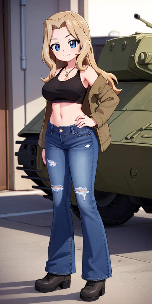 masterpiece, best quality, ultra-detailed, 1 girl, full body, solo, Kay(Girls & Panzer), blonde, long hair, hair intake, blue eyes, breasts, black tank top, tag necklace, deep blue baggy flare jeans(Wide flares on jeans:1.2), black combat boots, brown long sleeve military jacket, smile, kay
